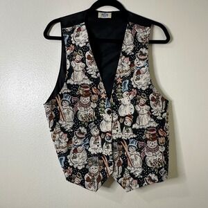 Vintage Snowman Tapestry Vest Black Multi Color Holiday Winter Christmas Party M